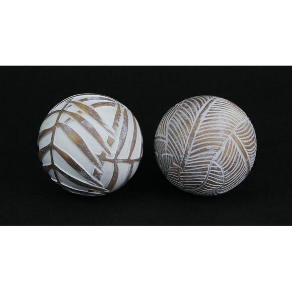 Whitewashed Tropical Leaf Wood Look Decor Balls Set of 4 - Picture 2 of 3